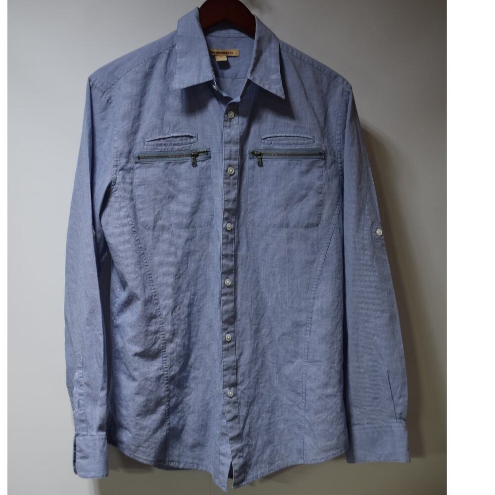 John Varvatos USA Blue Micro Check Button Up Shirt Zip Chest Pockets Size M